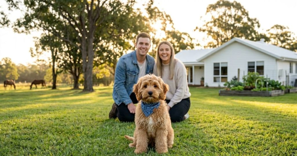 A happy young Gold Coast couple and a fluffy gold Cavoodle puppy with a blue bandana, sitting on a lawn at a rural property. This visual, representing Waterhill Cavoodles, a premier cavoodle breeder, is perfect for prospective owners interested in buying a cavoodle puppy.
