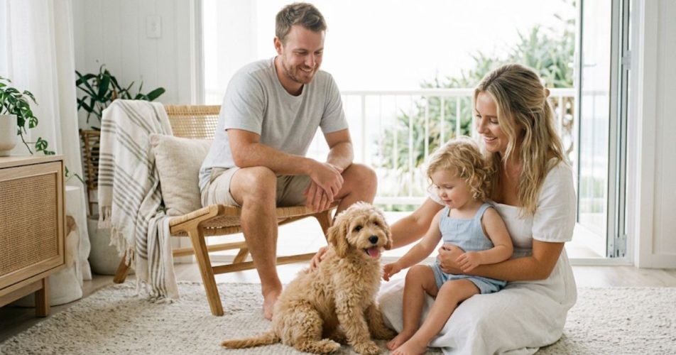 A happy young family—mother, father, and toddler daughter—sitting on a textured rug in a sunlit, coastal-style living room and petting their apricot Waterhill cavoodle puppy. The room features modern rattan furniture and a balcony view of green foliage and the ocean.